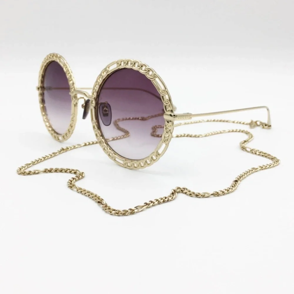 NWT Gucci GG1113S-002 Chain Gold Round 53mm Sunglasses